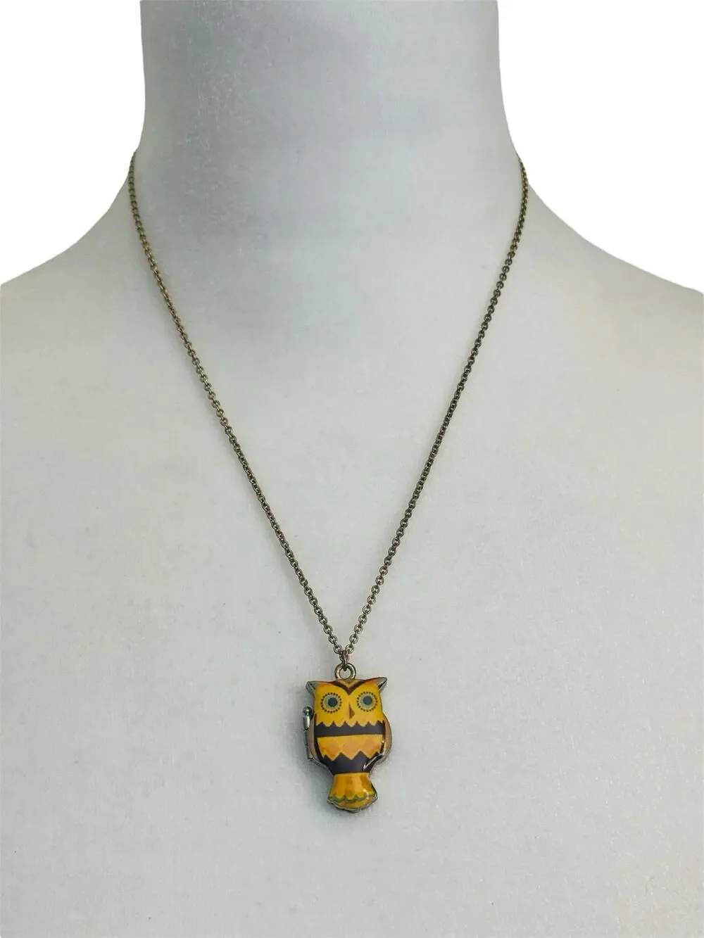 Gold Toned Orange and Brown Owl Locket Pendant Magnetic on Chain